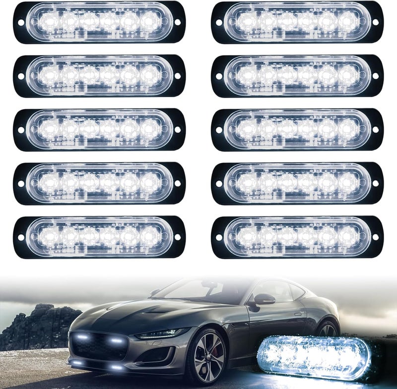 XTAUTO 10pcs LED Emergency Strobe Light, White 6-LED Ultra Slim Surface Mount Flashing Warning Beacon Hazard Construction Caution Grille Light Bar for Truck Car Off Road Vehicles - Image 1